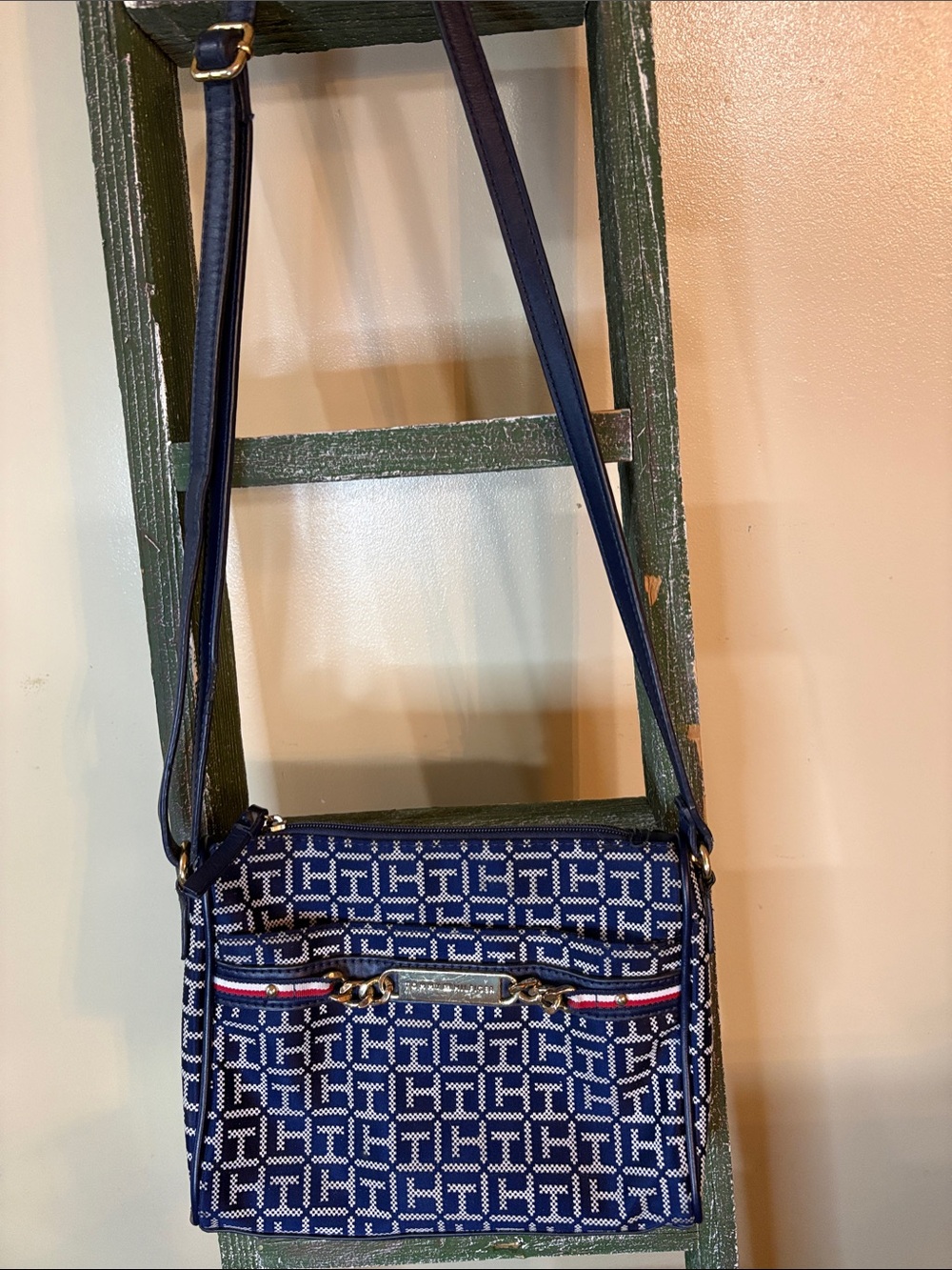 Tommy Hilfiger Navy Patterned Crossbody with Red & White Trim